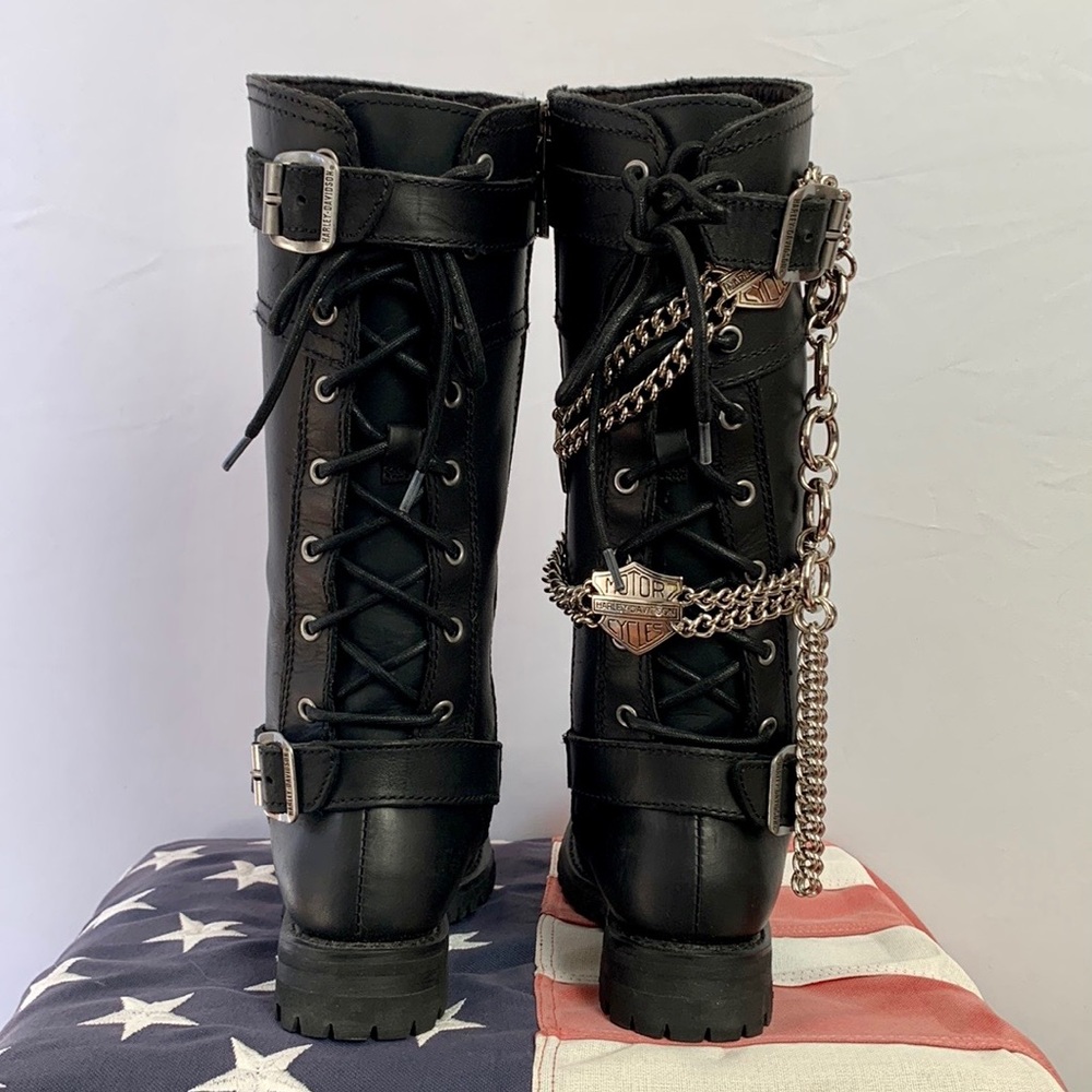 HARLEY-DAVIDSON Black Leather Lace Up Zip Tall Knee High Biker Moto Boots 6.5 - Picture 3 of 10